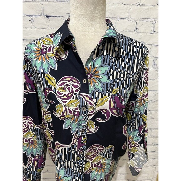 Chico’s Top Multicolor Artsy Floral Roll Tab Sleeve Button Cotton Blouse 1/M/8 - Picture 2 of 11